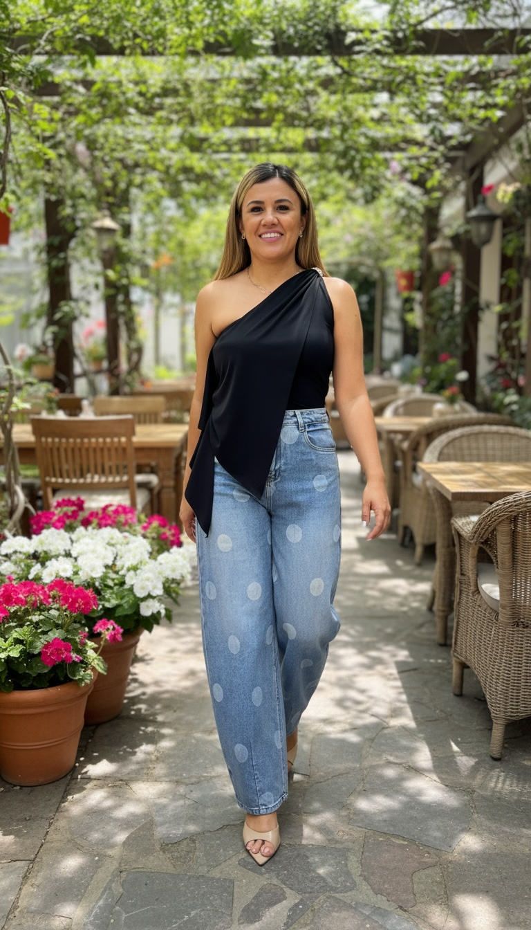 Jeans de Mezclilla Corte Barriel con Lunares Estampados